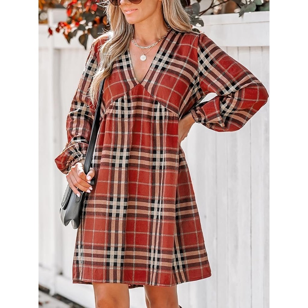 Cupshe Women Plaid V-Neck Long Sleeve Babydoll Mini Dress Rust
